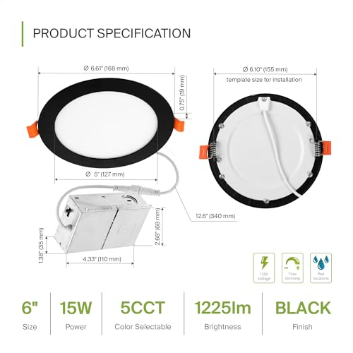 ASD 12 Pack LED Recessed Lighting 6 Inch 15W, 5 CCT 2700K-5000K CRI90+, IC Rated Ultra Thin Dimmable Ceiling Lights with J Box, Canless Wafer Downlight, Round Slim Panel Light, UL Energy Star, Black - color: Black, size: 6 Inch 15 Watt 12 Pack