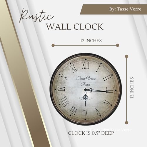 Tasse Verre 12 Inch Vintage Wall Clock - Farmhouse Decor Distressed White Washed Mechanical Quiet Silent - Retro Vintage Hanging Brown Non-Ticking Round - color: Wall Clock