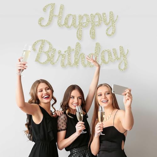 BEISHIDA Happy Birthday Banner - NO DIY,Light Gold 10Feet Pre-Strung-Glitter Birthday Sign Garland Backdrop Decorations for Women men Party - color: light gold