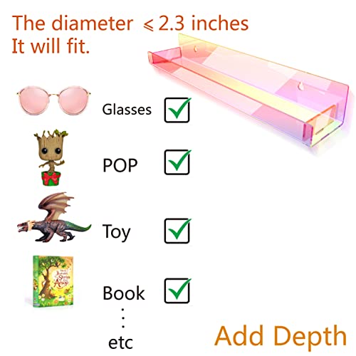 8 Pack 15 Inch Iridescent Acrylic Shelves, Clear Rainbow Kids Floating Bookshelf for Kids Room, Modern Sunglasses Essential Oil Picture Ledge Display Toy Storage Wall Shelf - color: 15in-iridescent-8 Pack