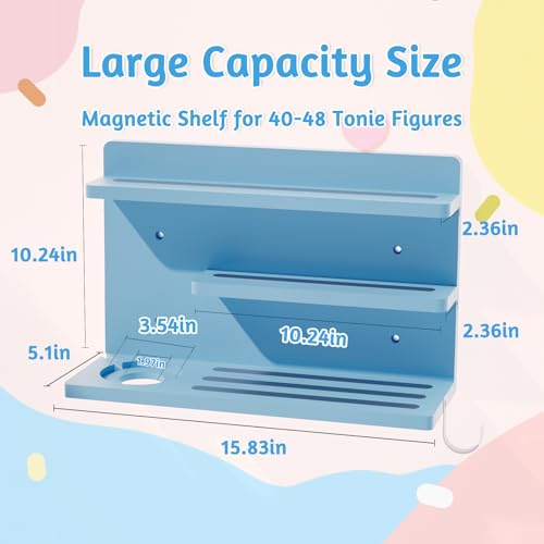 for Tonies Shelf Magnetic - Tonies Figure Organizer for Kids Room, Wooden Magnetic Display Shelf for Tonies Box Holder, Wall Floating Shelves Toy Storage Compatible Charging Station (3 Tier, Blue) - color: Blue, size: 3 Tier