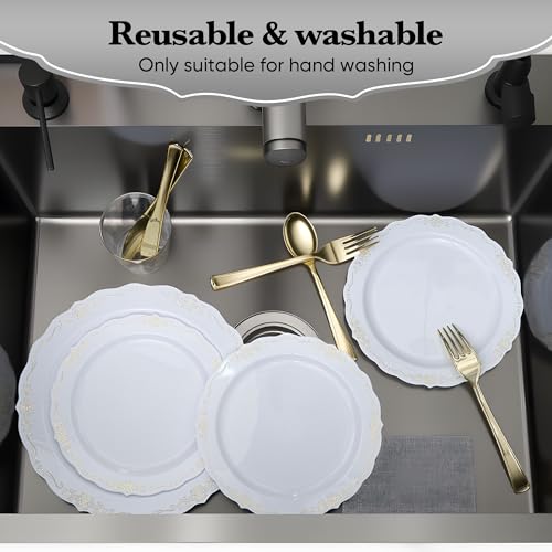 Fijinhom 175 PCS White and Gold Disposable Plates, Elegant Dinnerware Set for 25 Guests, 50 Plastic Plates, 75 Silverware, 25 Cups & 25 Paper Napkins, White and Gold - color: White and Gold Pattern, size: 25 Guests-175pcs