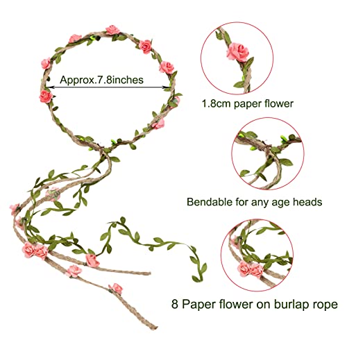 12PCS Multicolor Flower Crown Floral Headband Wreath Garland Headbands, 16 Pieces Flowers Tie on Ratton and Hemp Rope,Unique Design for Women Wedding Party Photo Props