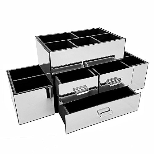 OnDisplay Amara 3 Drawer Tiered Mirrored Makeup/Jewelry Organizer - Glass Panel Organization Station for Cosmetics, Jewelry or Office/Desk Supplies - color: Silver