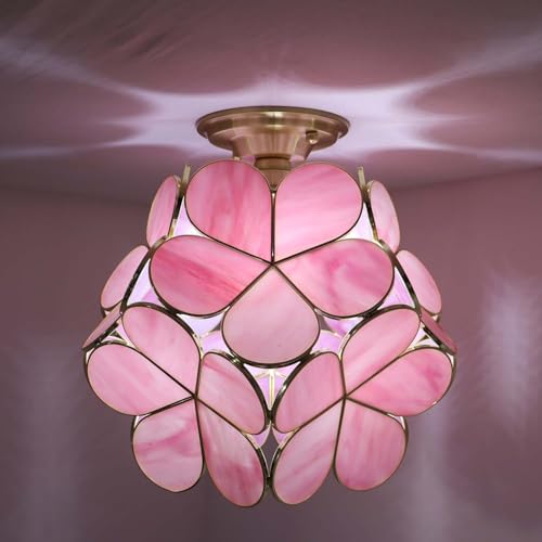 Bieye L11051 Flower Petals Tiffany Style Stained Glass Close to Ceiling Light for Home Decor (Pink, 12" Cherry Blossom) - color: Pink, size: 12" Cherry Blossom