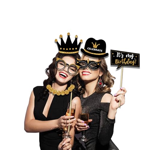 38Pcs Funny Photo Booth Props with Sticks - Selfie Pose Signs for Birthday, Valentine's Day, Men Women Party Decorations - style: Party Birthday-Gold