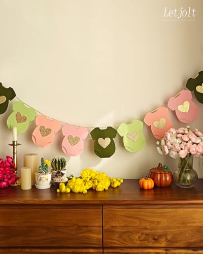 Green Pink Baby Shower Paper Garland Short-Sleeve Bodysuits Clothesline Garland Gender Reveal Birthday Banner Baby Outfit Pre - Strung Paper Decorations 9 pcs - color: Green-pink