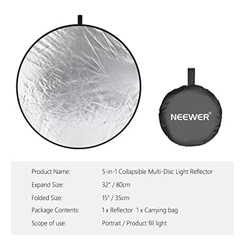 NEEWER 32 Inch/80 Centimeter Light Reflector Light Diffuser 5 in 1 Collapsible Multi Disc with Bag - Translucent, Silver, Gold, White, and Black for Studio Photography Lighting and Outdoor Lighting - size: 80cm