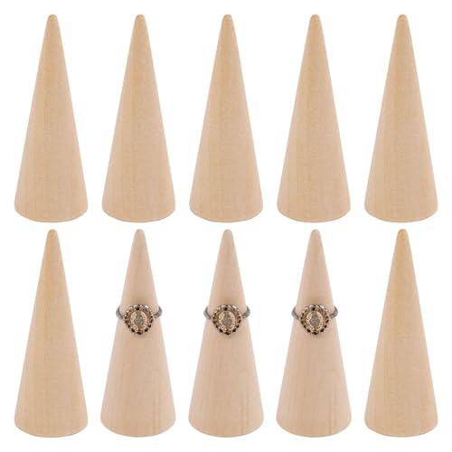 AUEAR, 10 Pack Wooden Cone Wood Ring Display Holder Finger Jewelry Stand DIY - color: Style D Natural, size: Style D