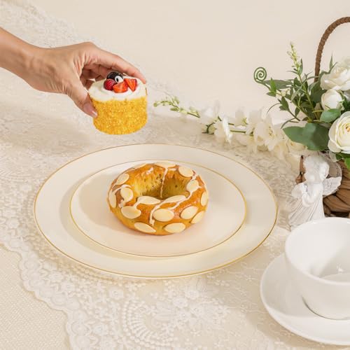 PULOTE 60 PCS Ivory Plastic Plates - Cream Plastic Disposable Include 30 Dinner and 30 Dessert Plates with Gold Rim - Ideal for Party & Wedding - color: Ivory, size: 60 PCS
