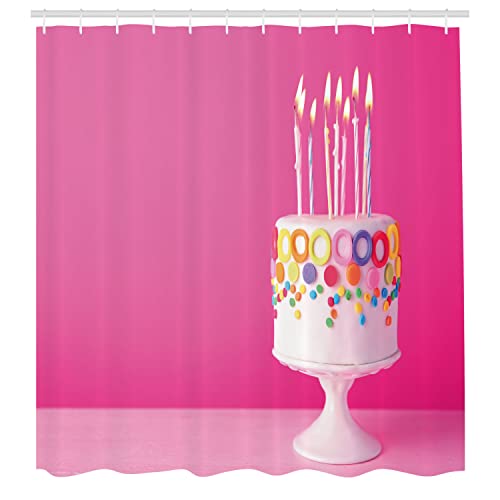 Ambesonne Birthday Shower Curtain, Print Artwork of a Celebration Cake with Candles on a Happy Background, Cloth Fabric Bathroom Decor Set with Hooks, 69" W x 70" L, Pink and Pale Mauve - color: Pink and Pale Mauve, size: 69" W x 70" L