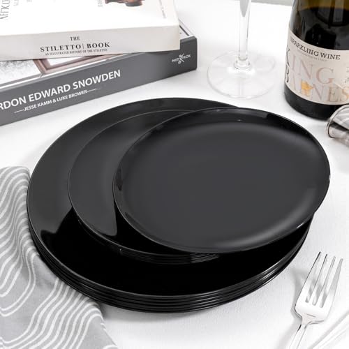 PULOTE 60 PCS Black Plastic Plates - Include 30 Dinner and 30 Dessert Plates, Black Disposable for Party,Birthday & Graduation - color: Black, size: 60 PCS