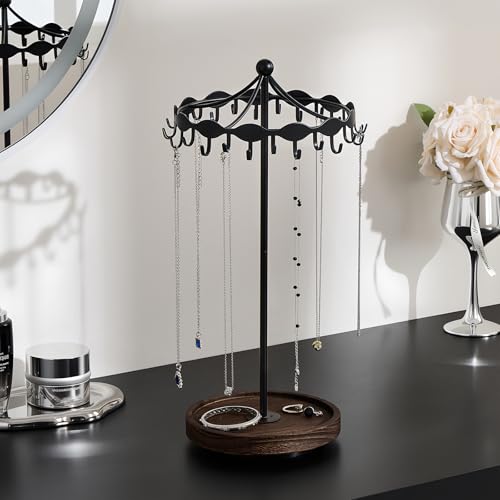 Lolalet Rotating Necklace Holder Stand with Metal Hooks, Spinning Display Carousels, Freestanding Organizer Hanger, for Long Necklaces Chains -Black - color: Black