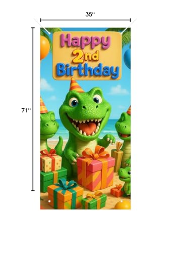 HOMETITUTE 2nd Birthday Door Cover 71x35 Inch Dinosaur Theme Birthday Banner for Kids Party Decorations Beach Gift Backdrop Sign for Boys Girls Photo Booth Prop Wall Decor - color: Dinosaur Gift 2