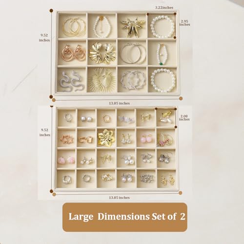 Large Velvet Jewelry Tray 2 Pack Stackable Jewelry Display Drawer Inserts Trays Organizer for Earring Bracelet Necklace Ring (Beige, 12 Grids+24 Grids) - color: Beige, size: 12 Grids+24 Grids