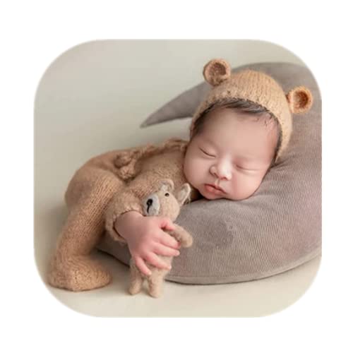 Coberllus Newborn Photography Props Outfits Mohair Bear Hat & Footed Romper for Baby Photo Props Newborn Photo Shoot Props - color: Light Khaki