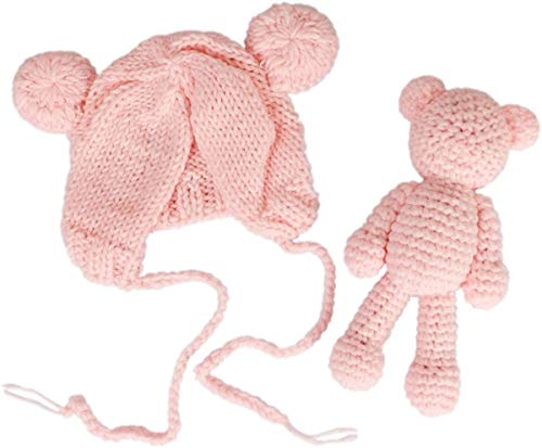 Newborn Baby Photo Shoot Props Boys Girls Crochet Knitted Hat Bear Hat Beanie with Bear Dolls Photography Props - color: Light Pink