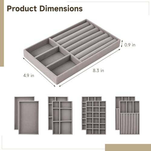 Homaisson Jewelry Drawer Organizer, Velvet Jewelry Tray, Multiple Compartment Layout, Set of 4 Jewelry Organizer for Rings, Earrings, Bracelets, Necklaces (Grey) - color: Grey