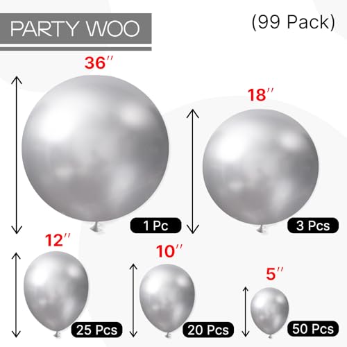 PartyWoo Silver Balloons 99 pcs Different Sizes of 36 18 12 10 5 Inch Silver Balloon Arch Kit Garland for Birthday Graduation Bachelorette Engagement Bridal Shower Party Decorations Silver-G102 - color: Silver-g102