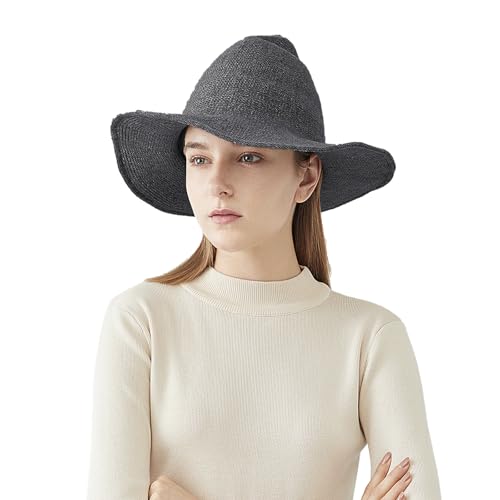Halloween Witch Hat for Women Wide Brim Foldable Wizard Hat Wool Knit Pointed Cap Cosplay Costume Accessory - color: Dark Grey