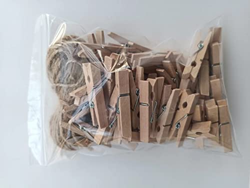 50pcs Small Wood Clothes Pins Pegs Strong Hangers Picture Display Art Craft Clip Clamps Party Wedding Office Decor Wire Clothesline - color: 50pcs (2 Inch) Natural + Jute Twine