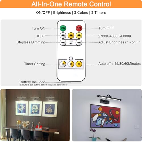 Tassuowell Wireless Battery Operated Picture Light,Rechargeable Wall Light with Remote and Timer,15.75 Inch Black Dimmable Painting Light,3CCT with Adjustable Swing Arm for Display Gallery Lighting - color: Black, size: 15.7inch