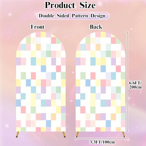 6.6FT Wedding Arch Backdrop Cover Checkered Seamless Squares Cute Pastel Green Yellow Checkers Spandex Fitted Fabric Round Top Stretchy Stand Covers for Baby Shower Birthday Party Decoration - color: Color9, size: 6.6x3.3 FT