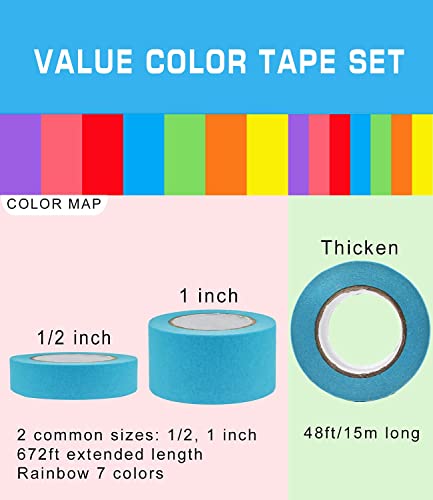 14 PCS Masking Painters Tape Colored 1 Inch 1/2 Inch with Dispenser - Rainbow Masking Tape 14 Pack X 16Yards - Multi Color Paper Tape for Kid Craft, Box Labeling,Teachers Classroom Floor Decorative