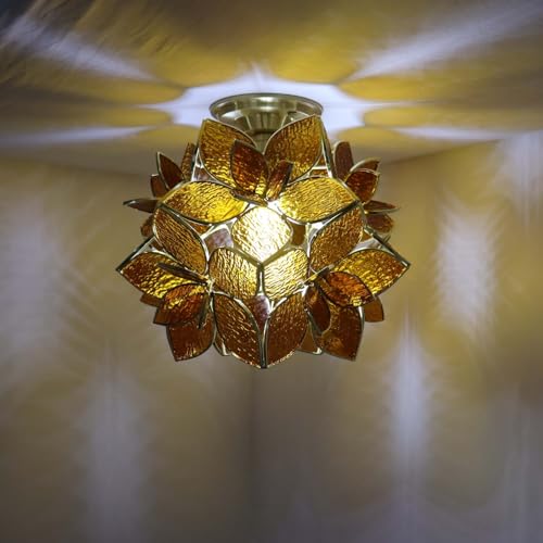 Bieye L11014 Flower Petals Tiffany Style Stained Glass Close to Ceiling Light for Home Decor (Textured Amber, 12" Rose Lily) - color: Textured Amber, size: 12" Rose Lily