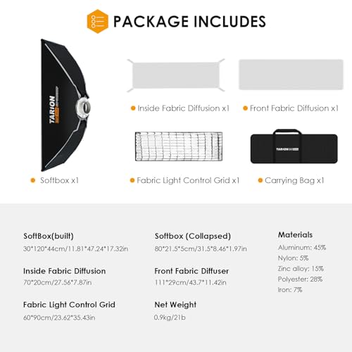 TARION 11.8"x47.2" Quick Release Strip Softbox - Foldable Bowens Mount Softbox with Diffusers/Honeycomb Grid/Carrying Bag for Live Streaming, Photography, Videography (SQ-30120F) - size: 11.8x47.2 in (30x120cm)