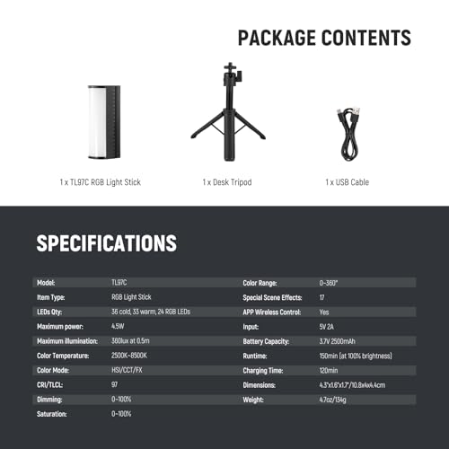 NEEWER Magnetic Handheld Light Wand with Desk Tripod, 17 Scenes, APP Control 360° Full RGB Mini LED Video Lighting Stick, 2500K-8500K Dimmable CRI97 for Photography Vlog TikTok, 2550mAh Battery, TL97C