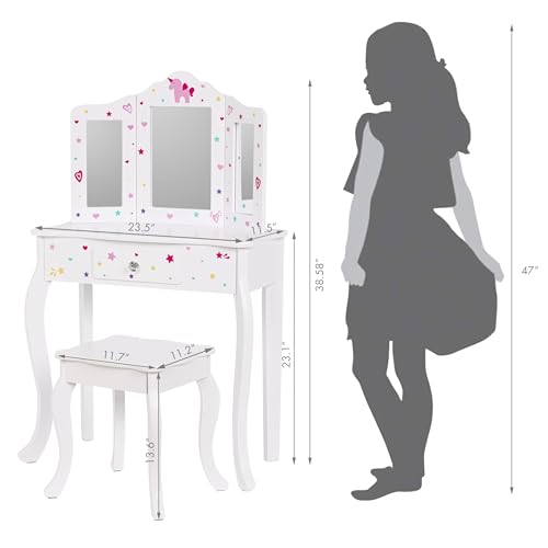 UTEX Kids Vanity Table and Chair Vanity Set with Mirror Makeup Dressing Table with Drawer, Play Vanity Set,White - style: White-Unicorn
