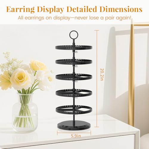EsLuker.ly Earring Holder Organizer Rotating Stud Display Tree Rack with 285 U-Slots for Women Girls, Large Adjustable 5 Tier Plastic Storage Stand with Metal Tray for Pierced Hoop Post Earring, Black - color: Glossy Black