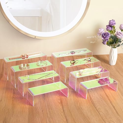 Iridescent Acrylic Display Risers, 8pcs Rainbow Display Stand Rectangular Stands Showcase Transparent Display Shelf for Dessert Cupcake Collectibles Figures Jewelry Perfume Christmas Decor - color: Iridescent-8pcs