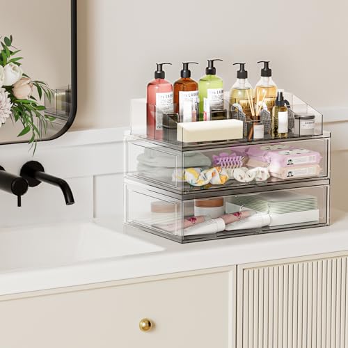 Clear Stackable Makeup Organizer with Drawer, 12''W Acrylic Storage Drawers, Cosmetic Display Case for Vanity Bathroom Countertop, Beauty Holder for Lipstick Brush Skincare Perfume - size: 3 Pack