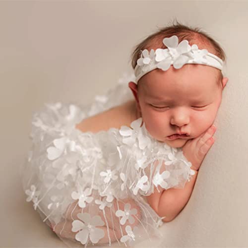 Baby Photography Props Outfit Lace Rompers Newborn Girl Photo Shoot Outfits Flower Headband Princess Costume - color: White C