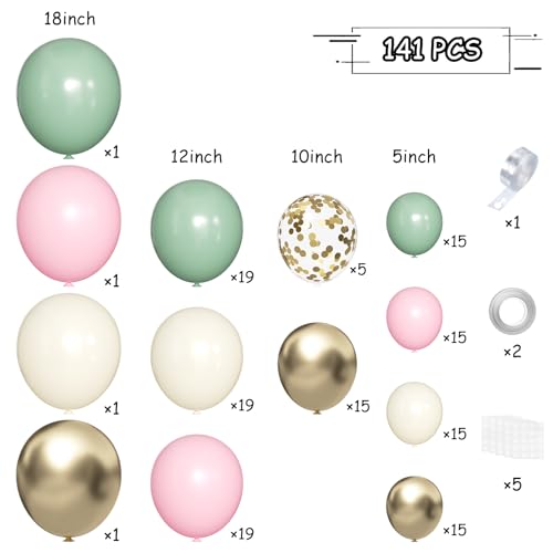 MEBAY Sage Green Pink Gold Balloon Arch Kit, 141Pcs Sage Green Pastel Pink Chrome Gold Sand White Latex Balloons for Birthday Wedding Baby Shower Gender Reveal Anniversary - color: 141-sage Green