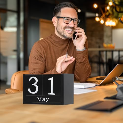 Wooden Block Calendar for Desk, Large Size Daily Desktop Perpetual Desk Calendar, Cute Date Display Desk Accessories for Home Office Decor, Teacher, Classroom, Reusable Yearly, Black - color: Black, size: Large Size