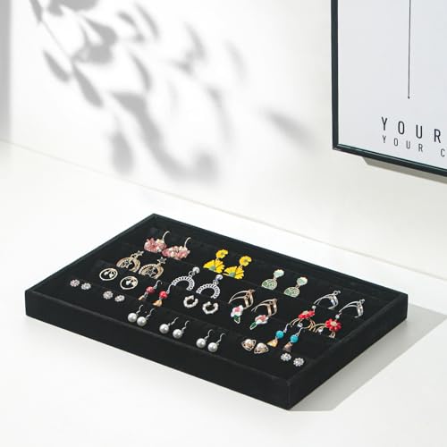 Coward 2PC Black Velvet Stackable Earring Tray Drawer Jewelry Holder Organizer Box Storage Earring Display Stand for Home Drawer or Store Selling (earring+earring) - color: Black Velvet, size: Earring+Earring