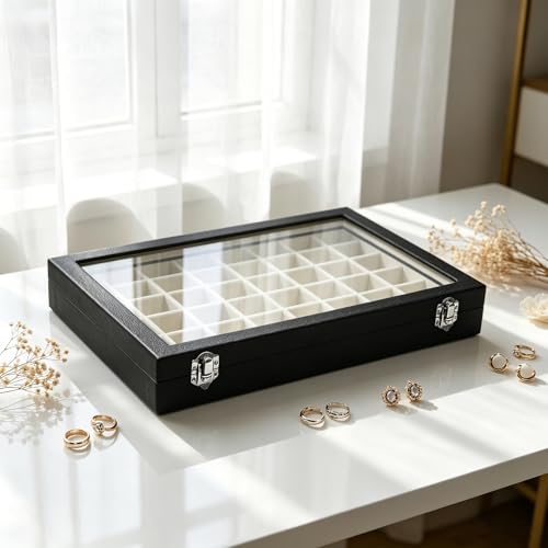 Stratalife Jewelry Organizer 48 Grid Jewelry Tray with Clear Lid Dust-proof Velvet Earring Organizer Necklace Rings Holder Display Drawer Storage Case for Women Beige Black - color: Beige-Black, size: 48 Grid