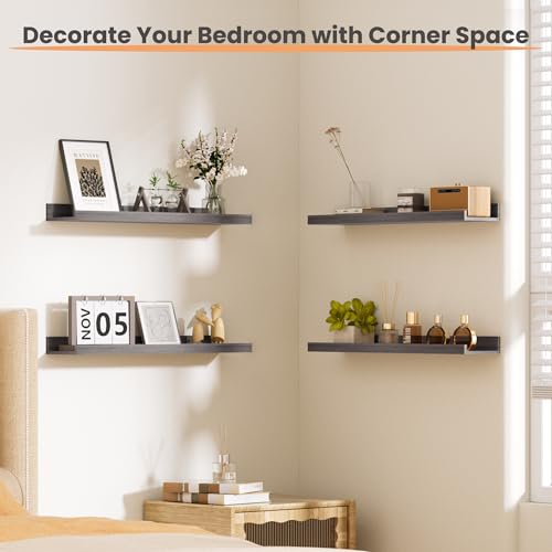 upsimples Floating Shelves for Wall, 23.6 Inch Shelves for Decor Storage Set of 6, Wall Mounted Wood Shelf for Bedroom, Living Room, Bathroom, Kitchen, Long Picture Ledge Shelves, Grey - color: Grey, size: 23.6in