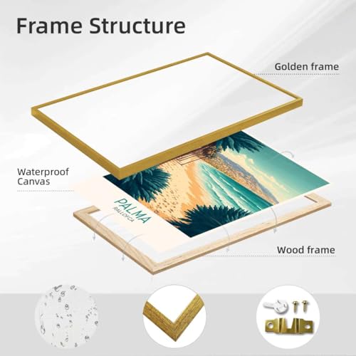 Framed Tropical Beach Landscape Poster Canvas Print Vintage Minimalist Aesthetic Wall Art Wall Decor Exquisite Painting Pictures for Living Room Bedroom Home Decor (24L x36W,Gold Framed) - size: 24l"x36w"