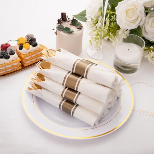 50Guests Pre Rolled Gold Plastic Silverware Sets - Heavy Duty Gold Cutlery - Include 50 Pack Wrapped Disposable Utensils with Napkins for Parties, Dinners & Weddings - color: 50Pack - Gold