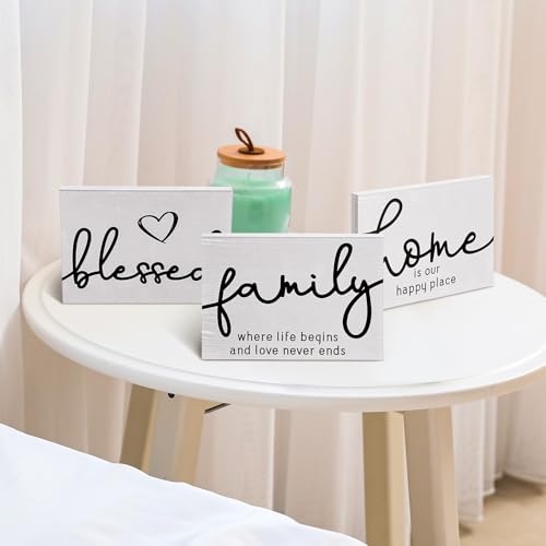 Jetec 3 Pcs Family Home Blessed Rustic Wood Sign Mini Wood Decorative Farmhouse Woodworks Table Shelves Decorations Sign for Bedroom Kitchen Living Room Table Decor(White,5 x 7 x 0.59 in) - color: White, size: 7 x 5 x 0.59 in