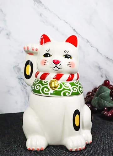 Ebros Gift Japanese Maneki Neko Lucky Charm Cat with Right Paw Up Ceramic Cookie Jar Kitchen Decor Figurine Accent