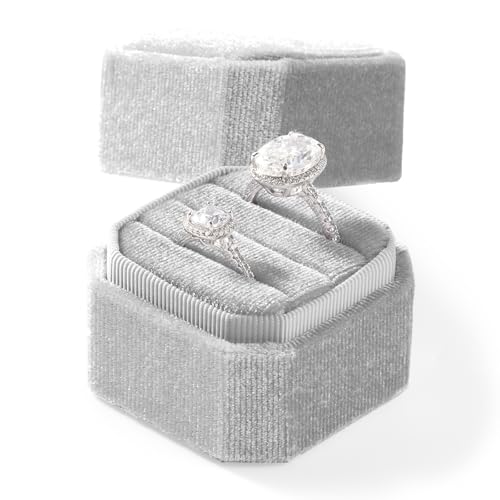 3 Slots Ring Box Velvet Ring Gift Box Wedding Day For Proposal, Engagement, Wedding, Mother's Day, Valentine's Day (Gray) - color: Grey