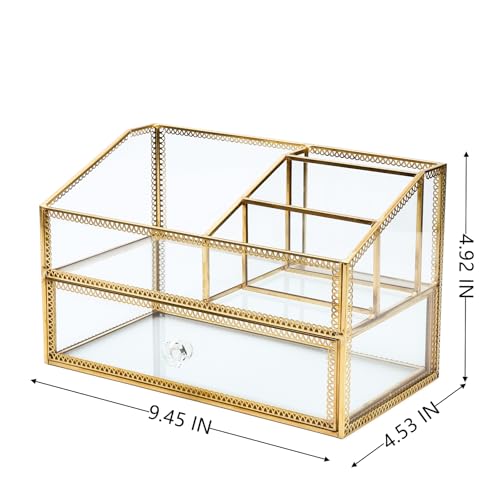 Vintage Gold Makeup Organizer - Glass Makeup Organizer Countertop Organizer for Make-Up Brushes Vanity, Tabletop Organizer Display Case for Bathroom, Vanity, Drawers GJB002 - color: Gold-Drawer, size: Large