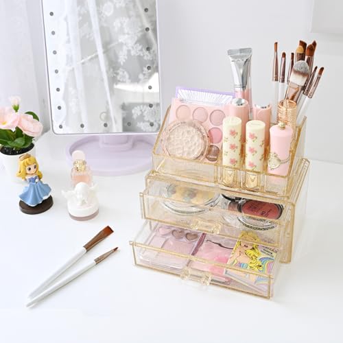 Ikee Design Acrylic Makeup Organizer with 2 Drawers Removable Top Lipstick Holders, Cosmetics Organizer for Skincare, Accessories, Lip Gloss for Vanity or Bathroom Countertop, Gold Glitter - color: 1c) 1 Top 2 Drawers, Gold Glitter