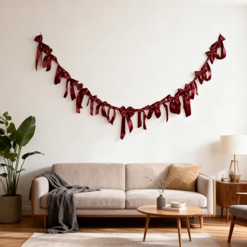 Meseey Burgundy Satin Bow Garland Banner Coquette Bachelorette Party Decor,Bridal Shower Backdrop,Wedding & Engagement Party Supplies,Birthday Decoration,Photo Booth Props - color: Burgundy