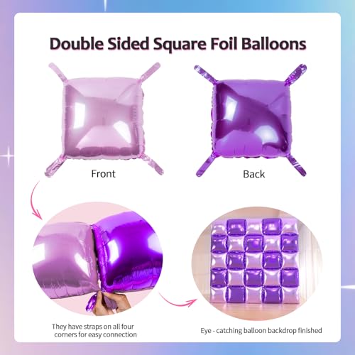 25+149pcs Double-Sided Purple Balloon Wall Kit - 25 Dark/Light Purple Foil Square Balloons 146 Metallic Lavender Purple Latex Balloon Garland & Star Balloons for Wedding, Birthday Backdrop - color: Purple